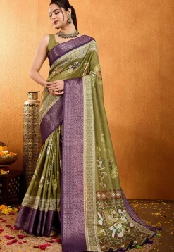 Digital Printed Crepe Silk Saree in Olive Green
