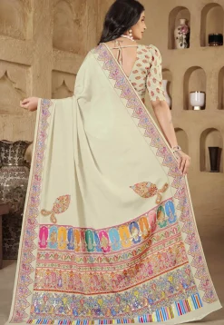 Digital Printed Crepe Silk Saree in Cream