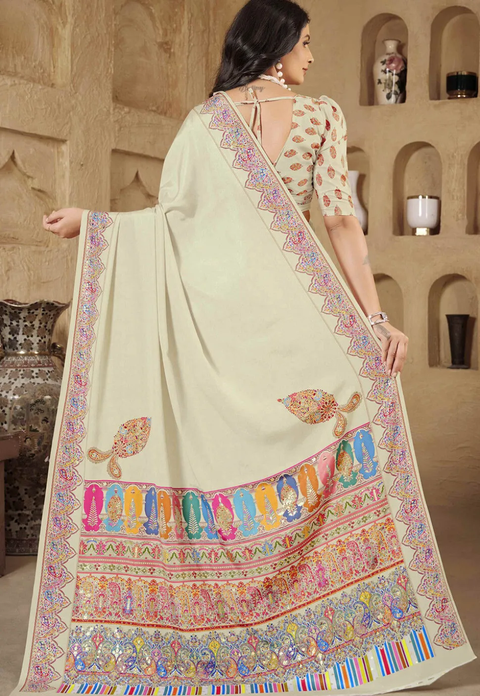 Digital Printed Crepe Silk Saree in Cream