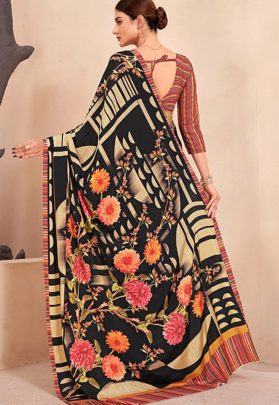 Digital Printed Crepe Silk Saree in Black