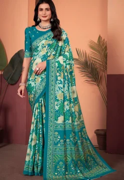 Digital Printed Crepe Silk Saree in Teal Green