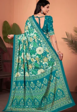 Digital Printed Crepe Silk Saree in Teal Green