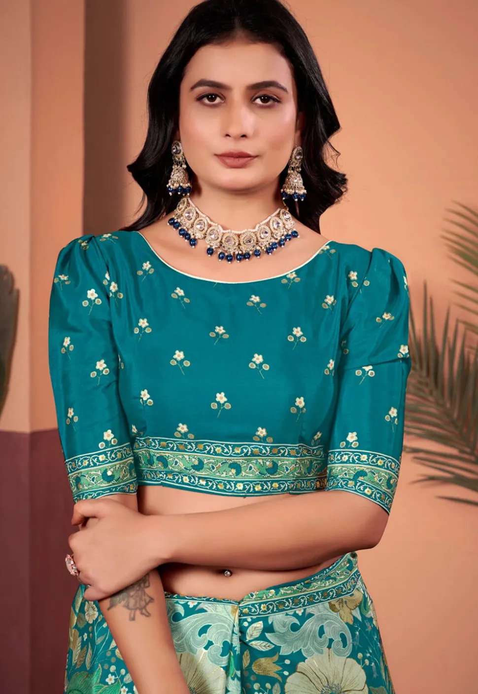 Digital Printed Crepe Silk Saree in Teal Green