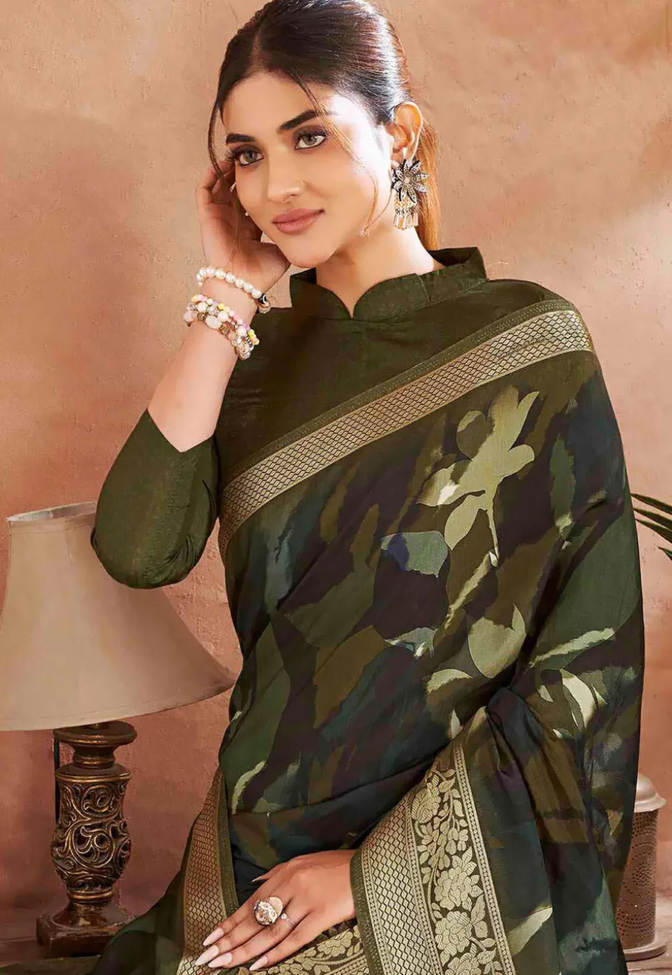 Digital Printed Crepe Silk Saree in Dark Olive Green