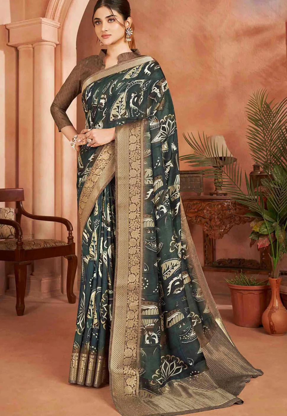Digital Printed Crepe Silk Saree in Dark Green