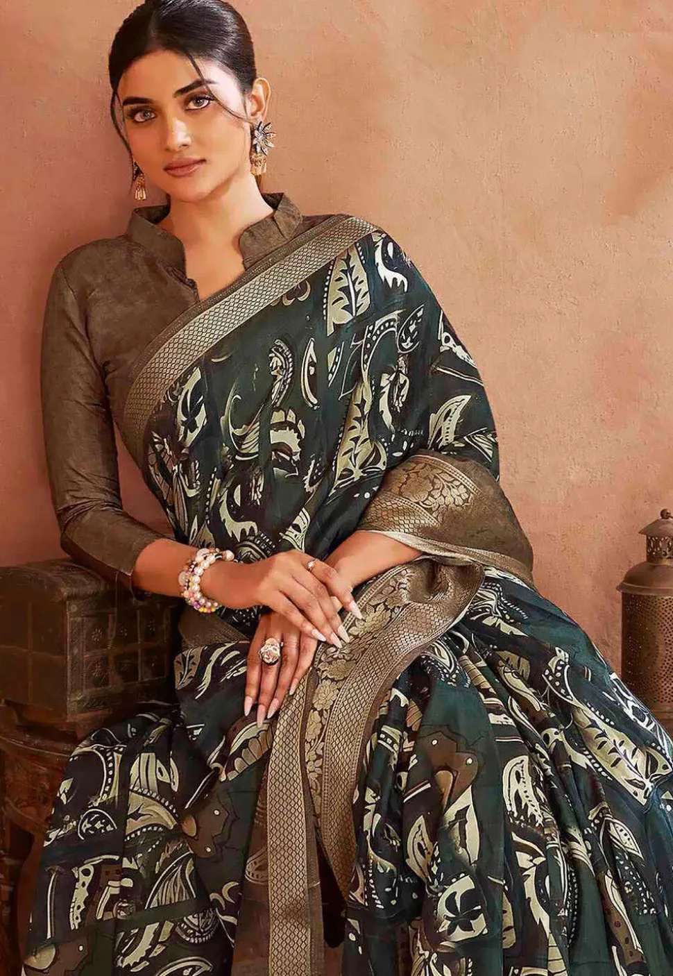 Digital Printed Crepe Silk Saree in Dark Green