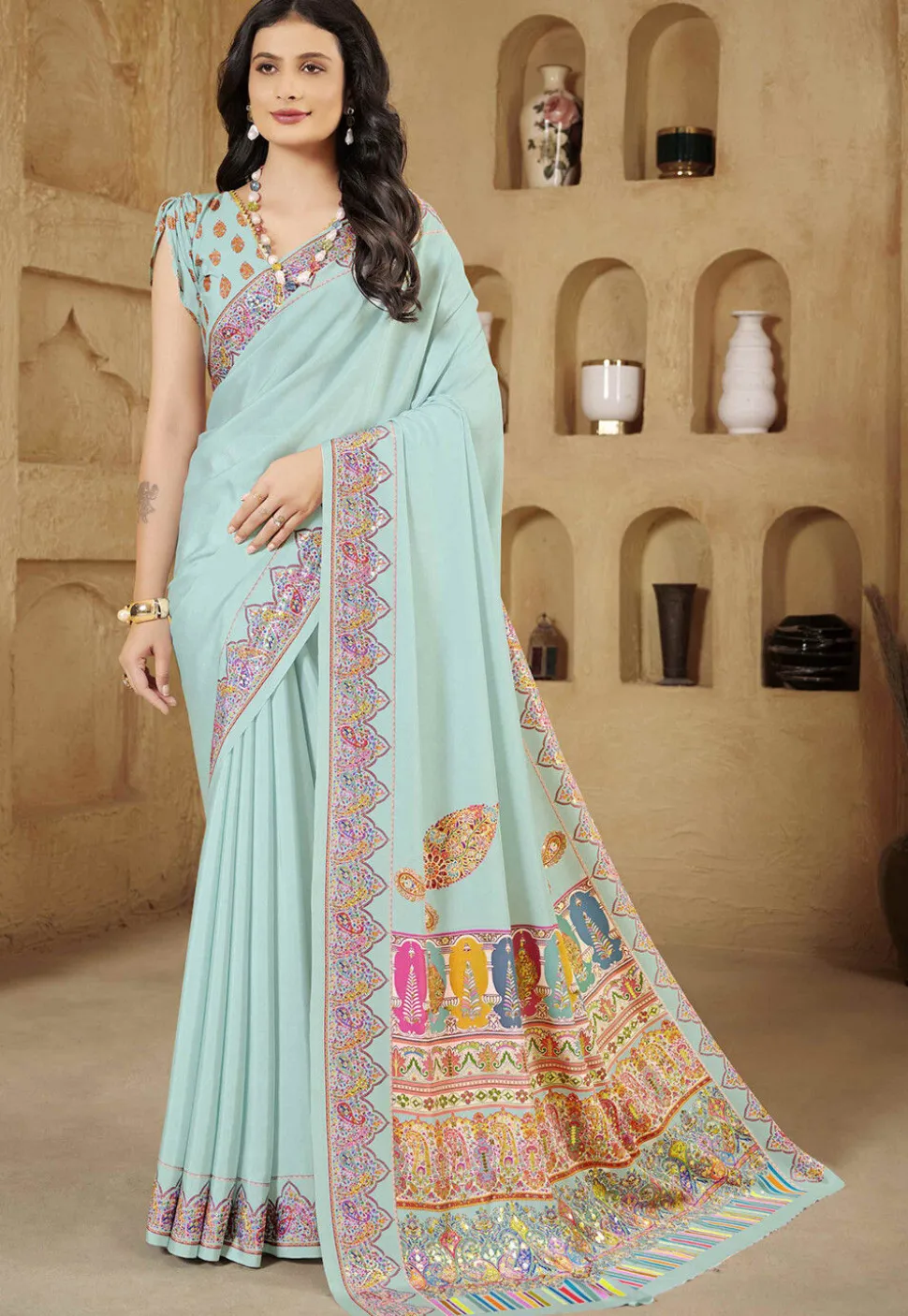 Digital Printed Crepe Silk Saree in Light Blue