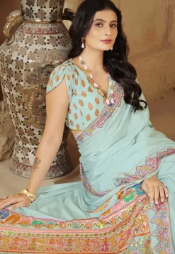Digital Printed Crepe Silk Saree in Light Blue