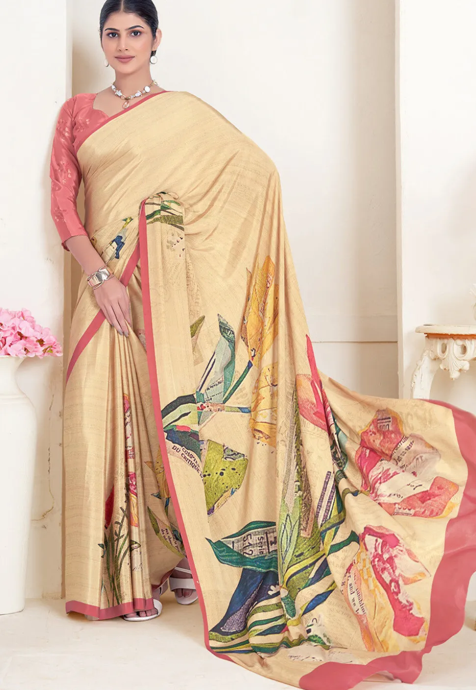 Digital Printed Crepe Silk Saree in Beige