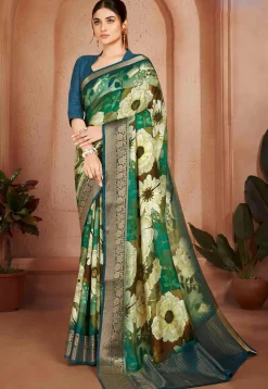 Digital Printed Crepe Silk Saree in Green