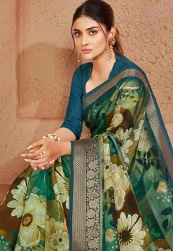 Digital Printed Crepe Silk Saree in Green