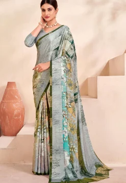 Digital Printed Crepe Silk Saree in Grey