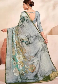 Digital Printed Crepe Silk Saree in Grey