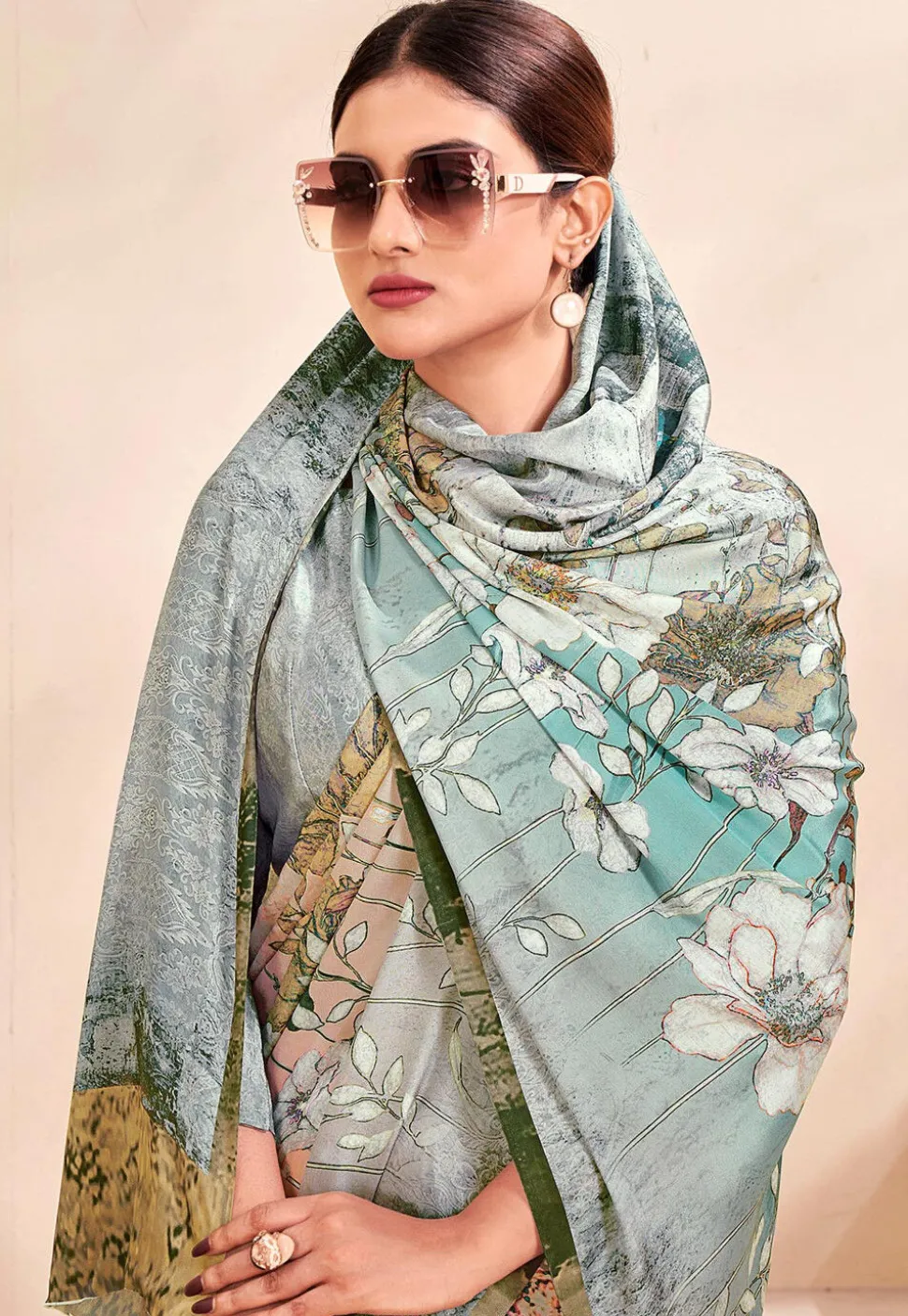 Digital Printed Crepe Silk Saree in Grey