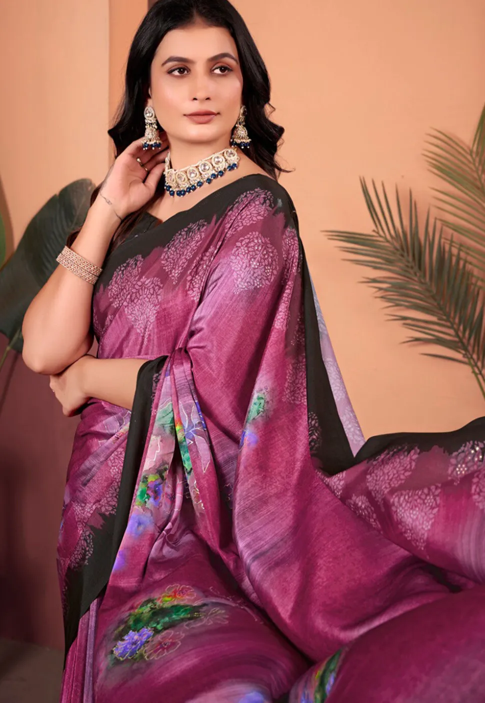 Digital Printed Crepe Silk Saree in Purple