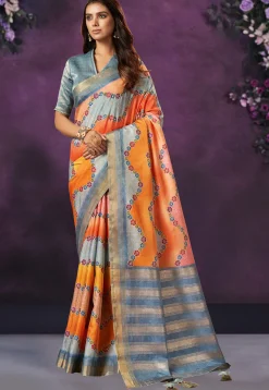 Digital Printed Crepe Silk Saree in Orange and Blue