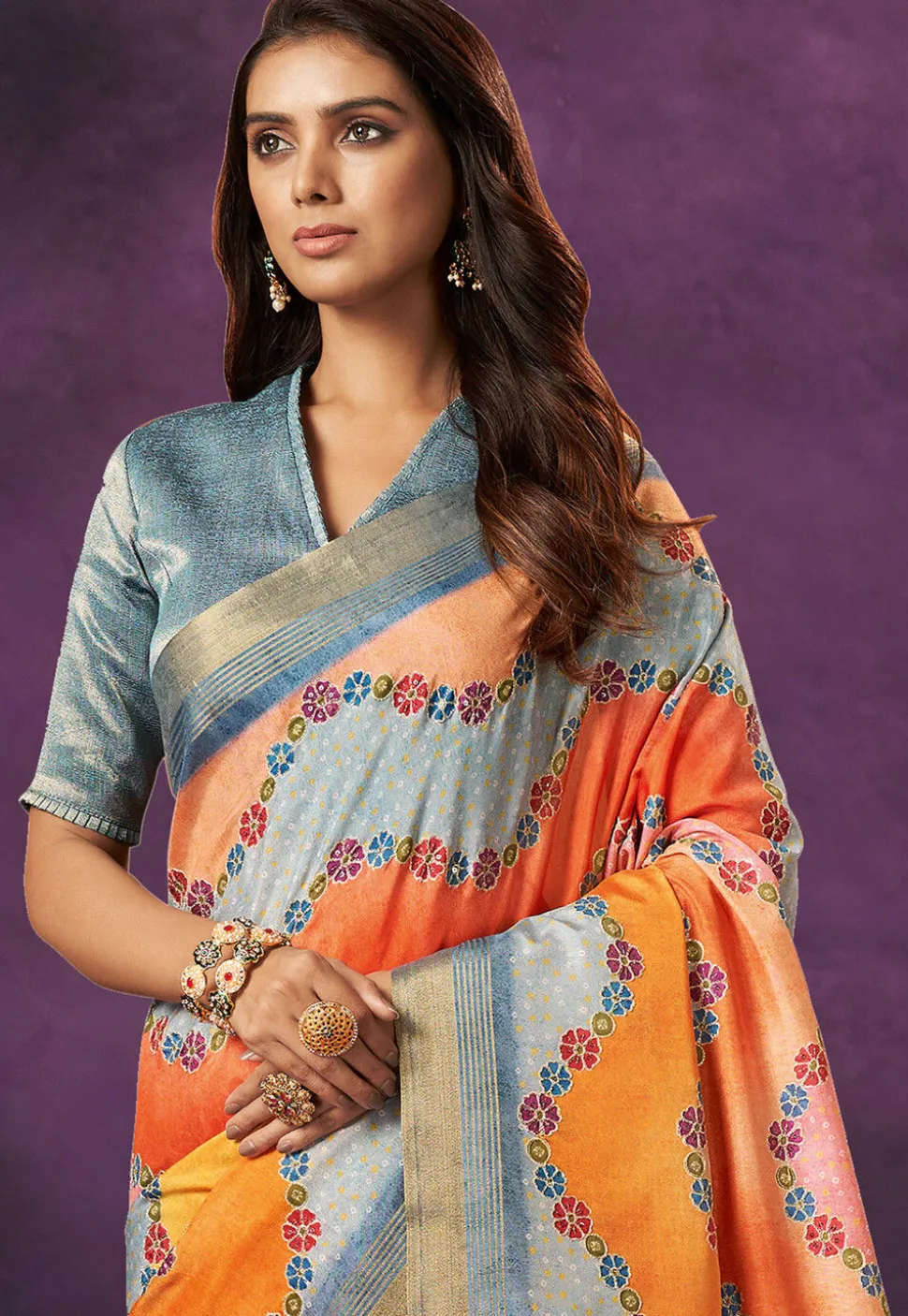 Digital Printed Crepe Silk Saree in Orange and Blue