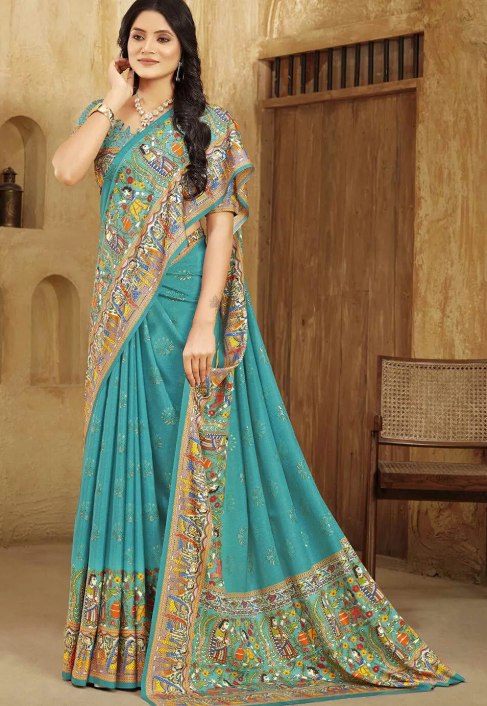 Digital Printed Crepe Silk Saree in Blue