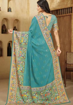 Digital Printed Crepe Silk Saree in Blue