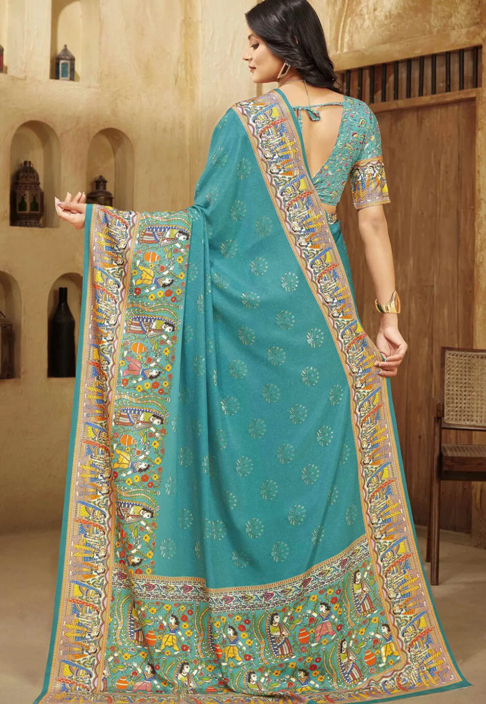 Digital Printed Crepe Silk Saree in Blue