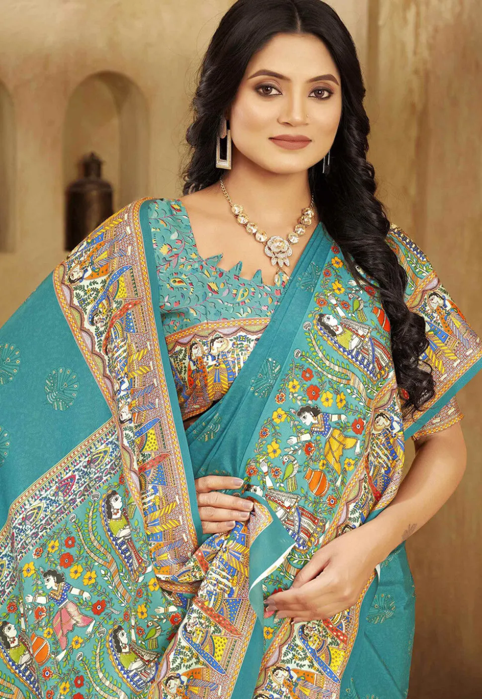 Digital Printed Crepe Silk Saree in Blue