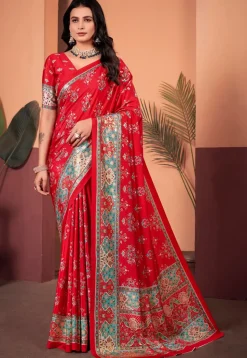 Digital Printed Crepe Silk Saree in Red