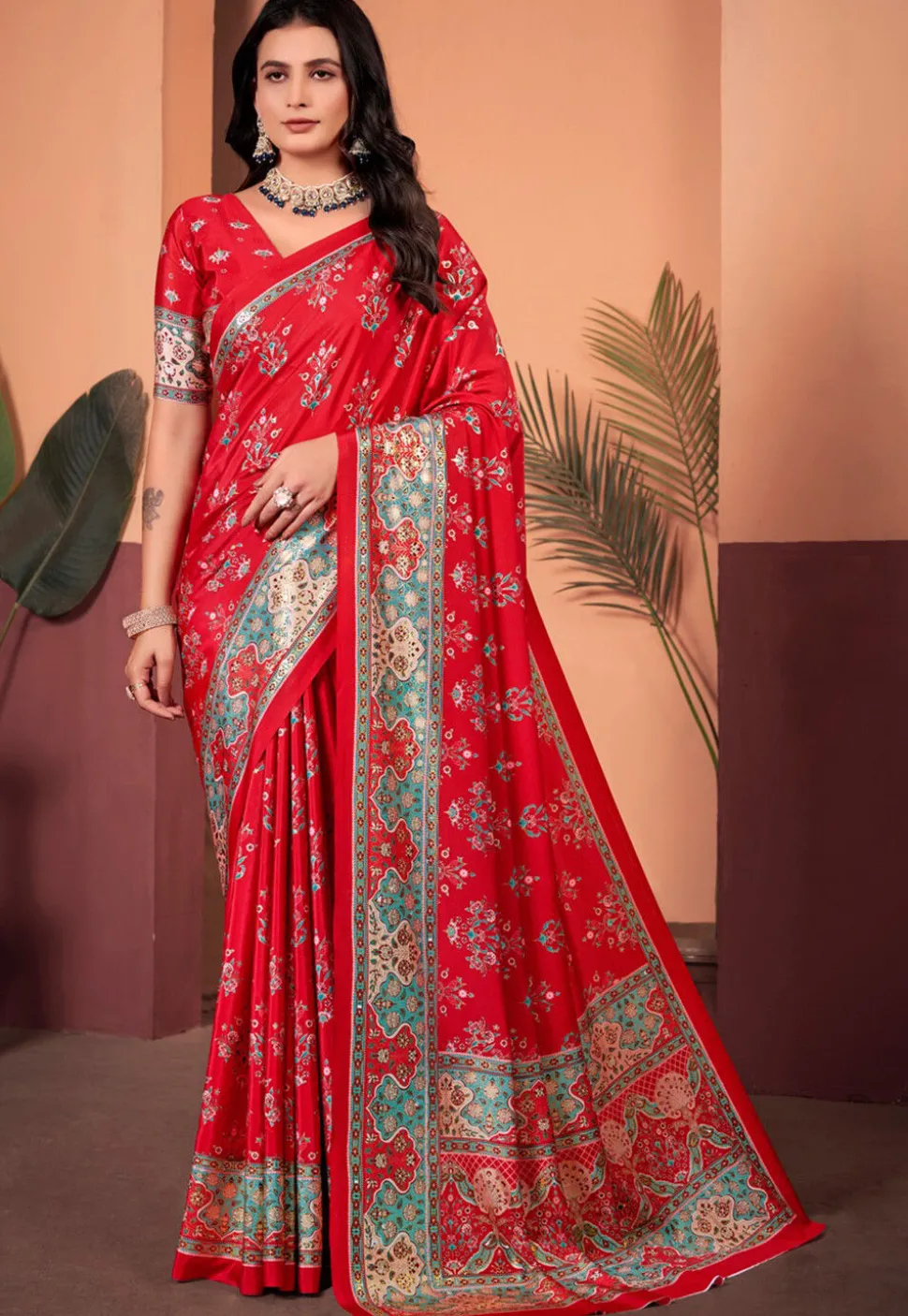 Digital Printed Crepe Silk Saree in Red