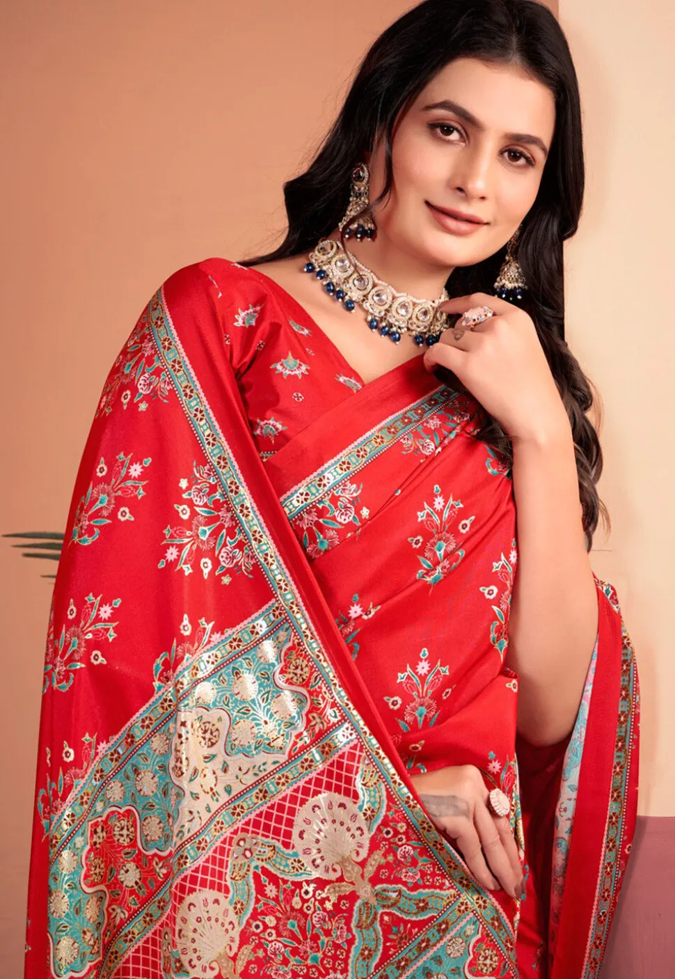 Digital Printed Crepe Silk Saree in Red