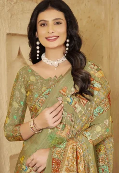 Digital Printed Crepe Silk Saree in Olive Green