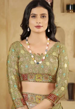 Digital Printed Crepe Silk Saree in Olive Green