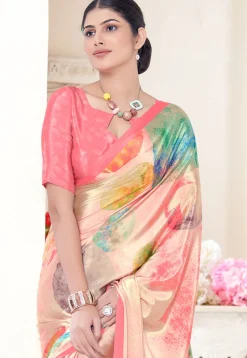 Digital Printed Crepe Silk Saree in Peach