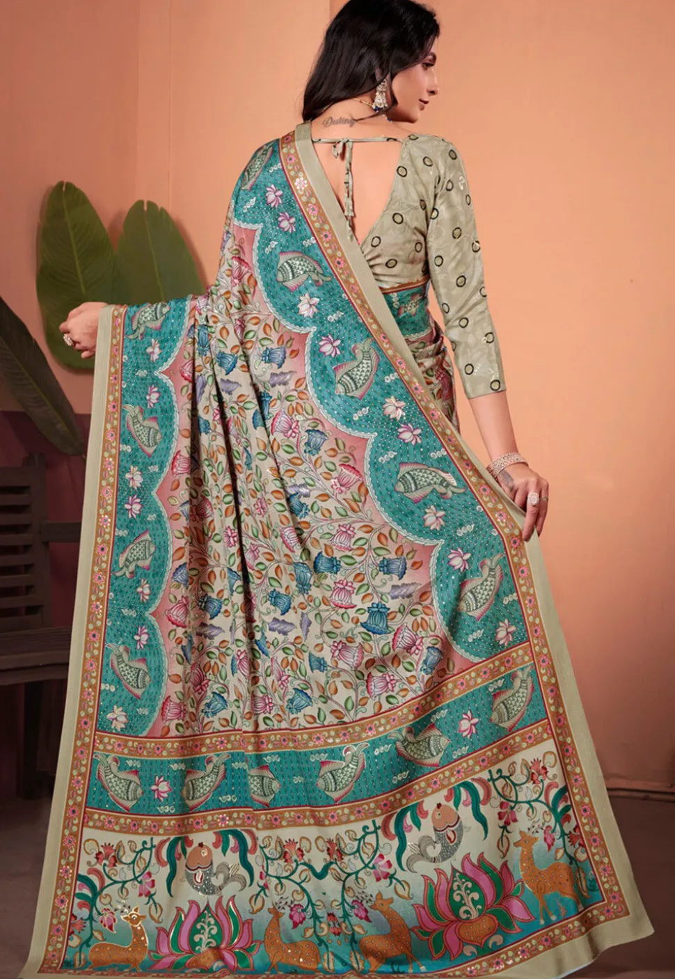 Digital Printed Crepe Silk Saree in Blue
