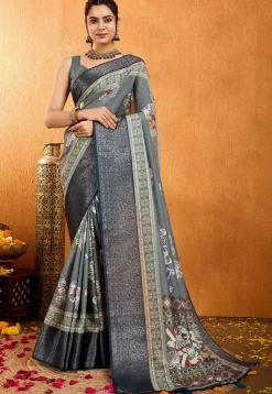 Digital Printed Crepe Silk Saree in Grey