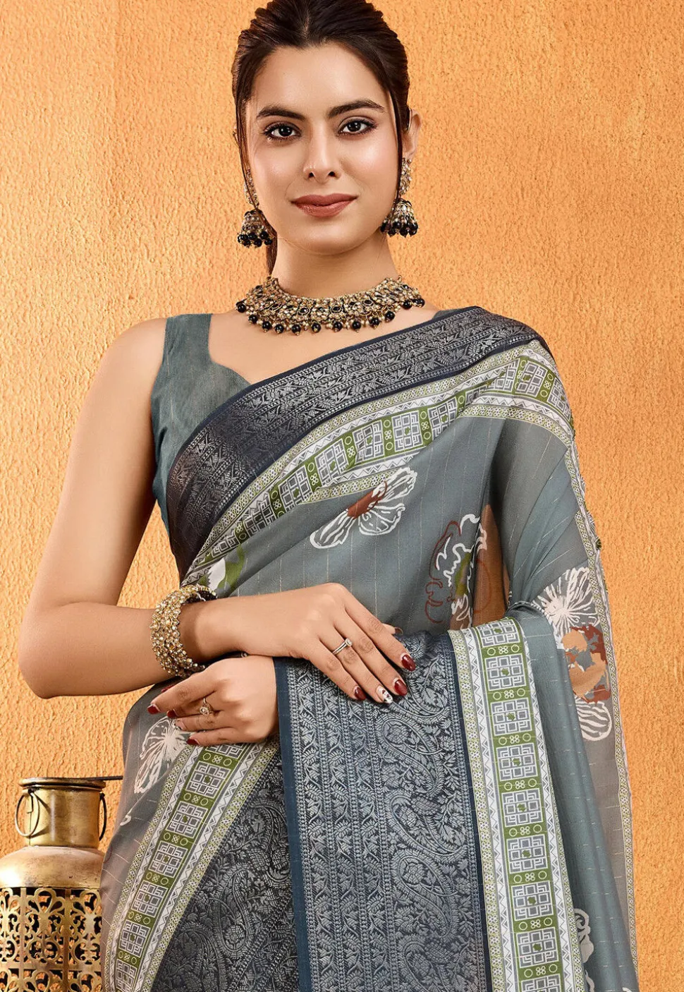 Digital Printed Crepe Silk Saree in Grey