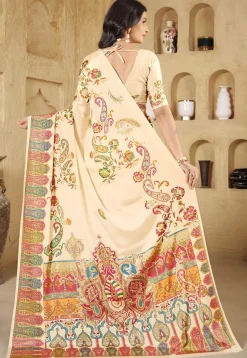 Digital Printed Crepe Silk Saree in Cream