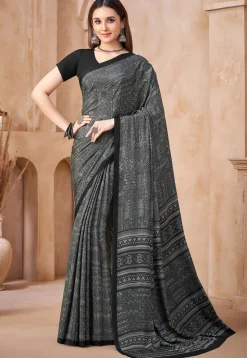 Digital Printed Crepe Silk Saree in Grey