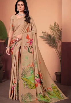 Digital Printed Crepe Silk Saree in Beige