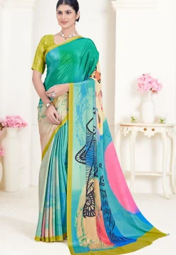 Digital Printed Crepe Silk Saree in Blue & Multicolor