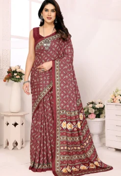 Digital Printed Crepe Silk Saree in Maroon