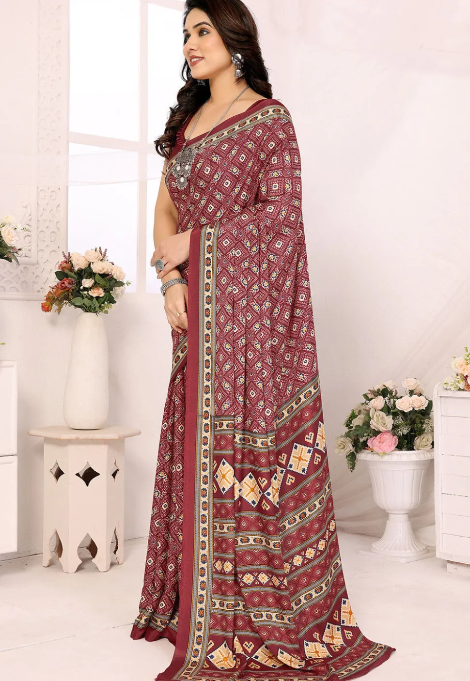 Digital Printed Crepe Silk Saree in Maroon