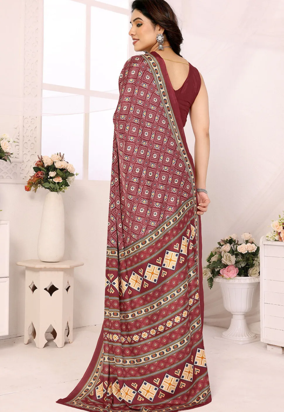 Digital Printed Crepe Silk Saree in Maroon