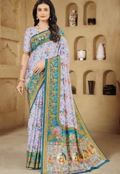 Digital Printed Crepe Silk Saree in Purple