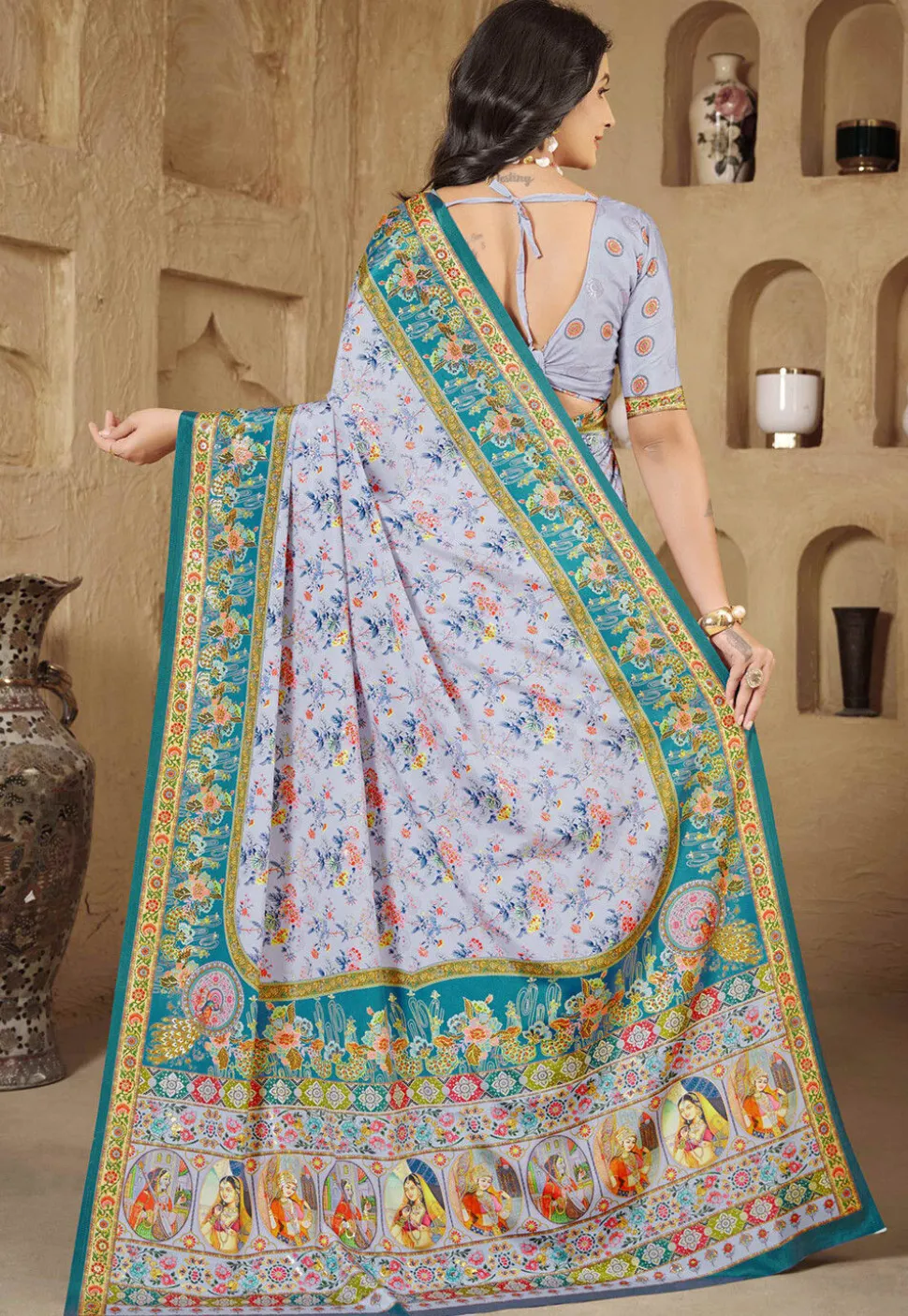 Digital Printed Crepe Silk Saree in Purple
