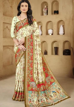 Digital Printed Crepe Silk Saree in Light Green