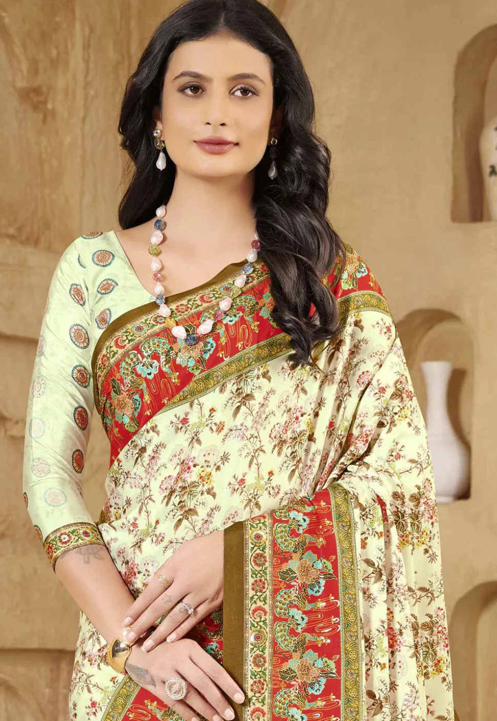 Digital Printed Crepe Silk Saree in Light Green