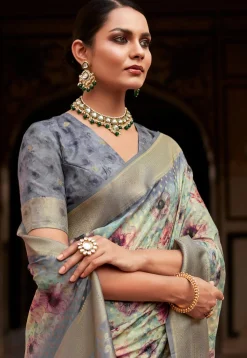 Digital Printed Crepe Silk Jacquard Saree in Sea Green