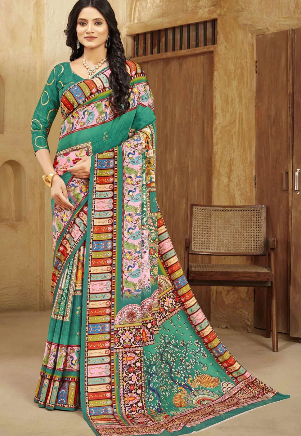 Digital Printed Crepe Silk Saree in Teal Green