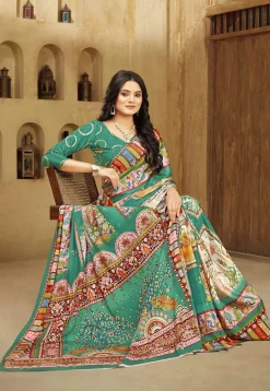 Digital Printed Crepe Silk Saree in Teal Green