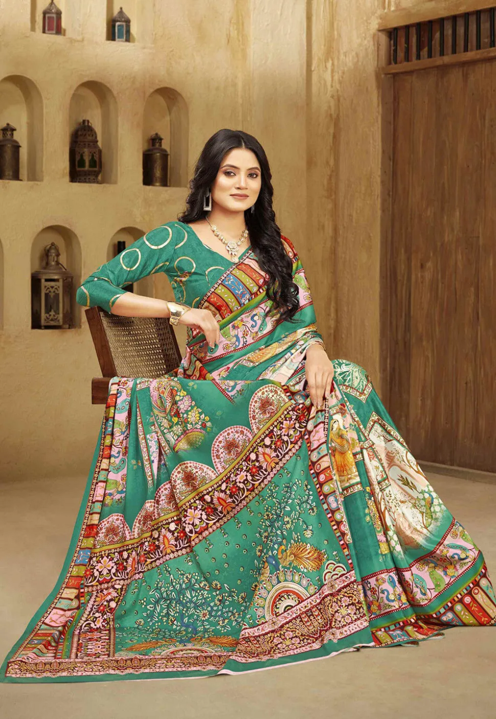 Digital Printed Crepe Silk Saree in Teal Green