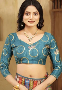 Digital Printed Crepe Silk Saree in Teal Green